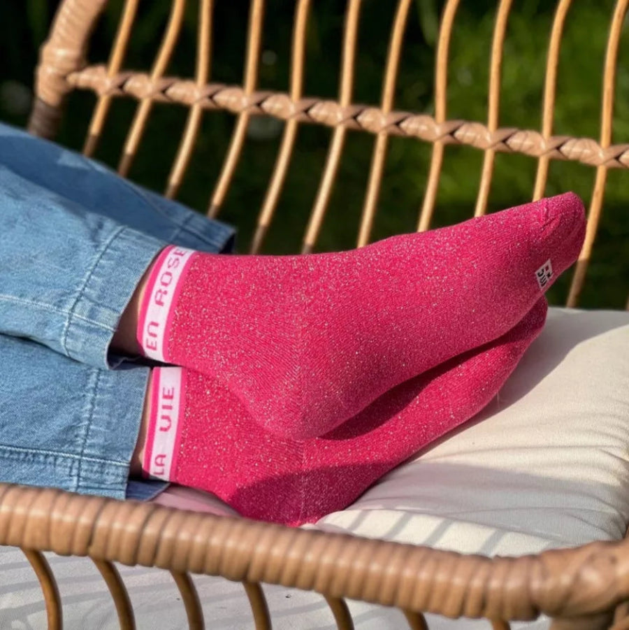 chaussettes à paillettes roses - la vie en rose