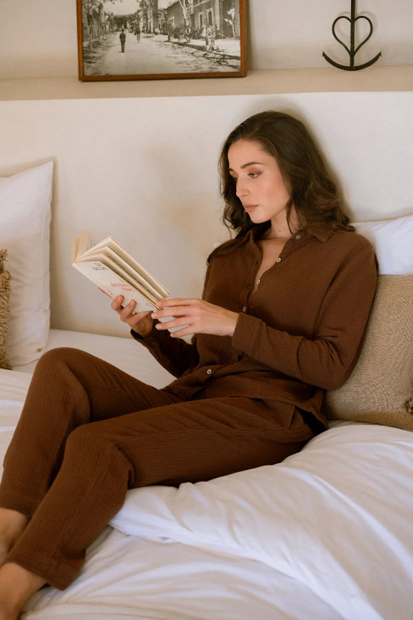 Chemise de pyjama en double gaze de coton chocolat