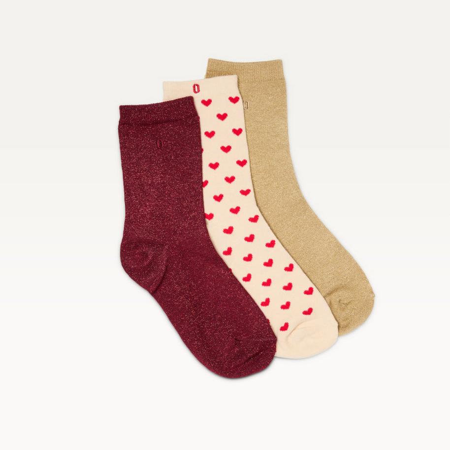 Pack de 3 chaussettes fantaisie femme - Petit coeur bordeaux doré