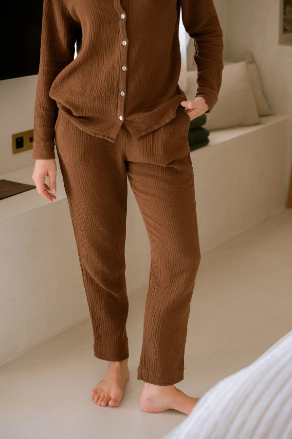 Pantalon de pyjama femme en gaze de coton bio Daphné – Chocolat