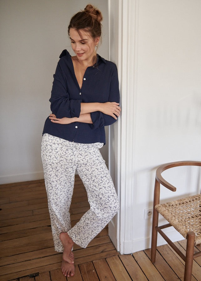 Pantalon de pyjama en gaze de coton bio BLEUET