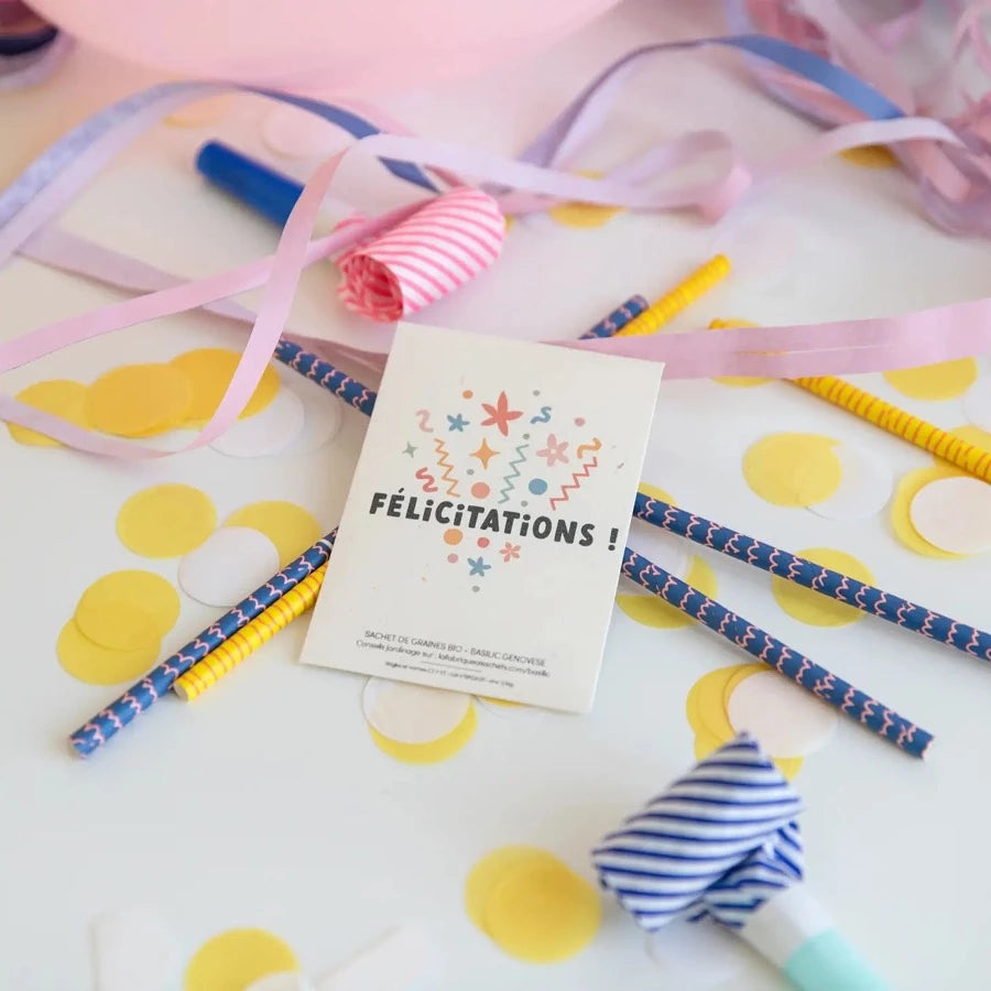 Sachet de graine de basilic avec message "Félicitations"